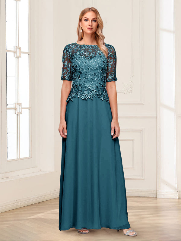 A-Line/Princess Scoop Half Sleeves Floor-Length Mother of the Bride Dresses with Applique & Lace