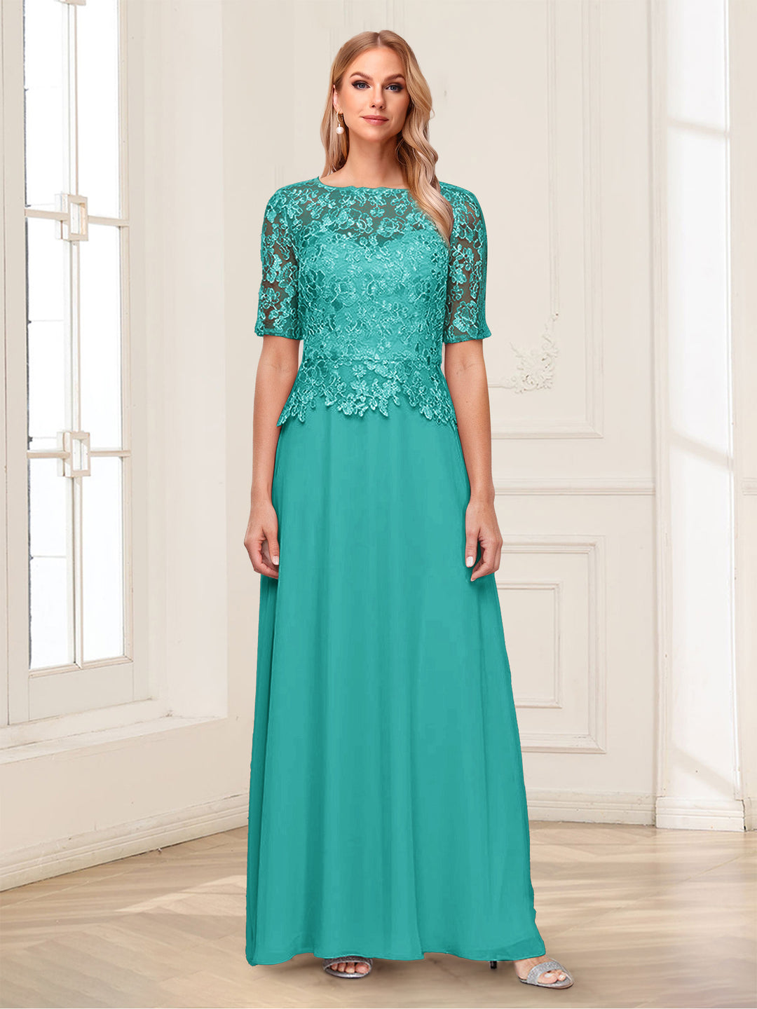 A-Line/Princess Scoop Half Sleeves Floor-Length Mother of the Bride Dresses with Applique &amp; Lace