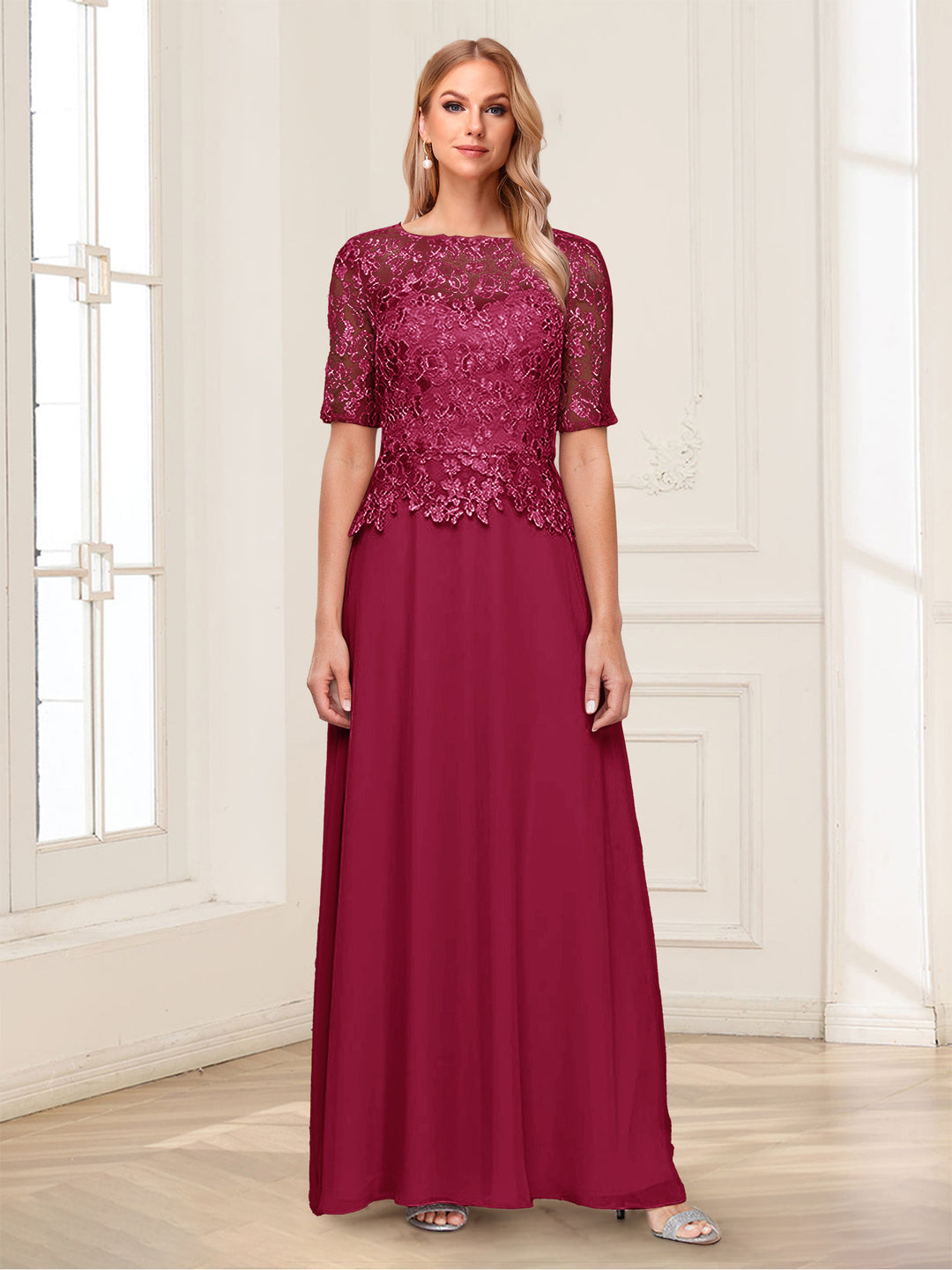 A-Line/Princess Scoop Half Sleeves Floor-Length Mother of the Bride Dresses with Applique &amp; Lace