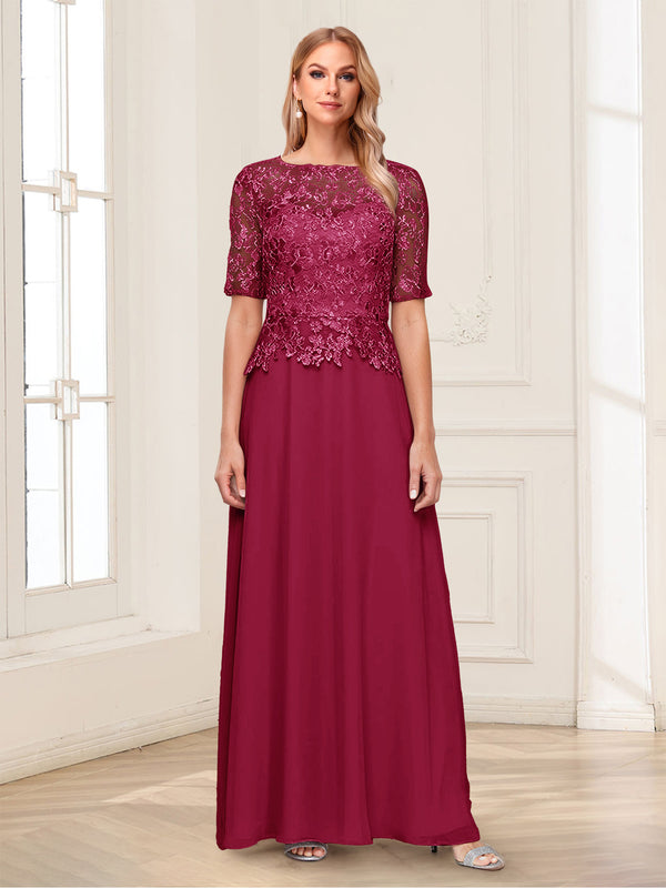 A-Line/Princess Scoop Half Sleeves Floor-Length Mother of the Bride Dresses with Applique & Lace