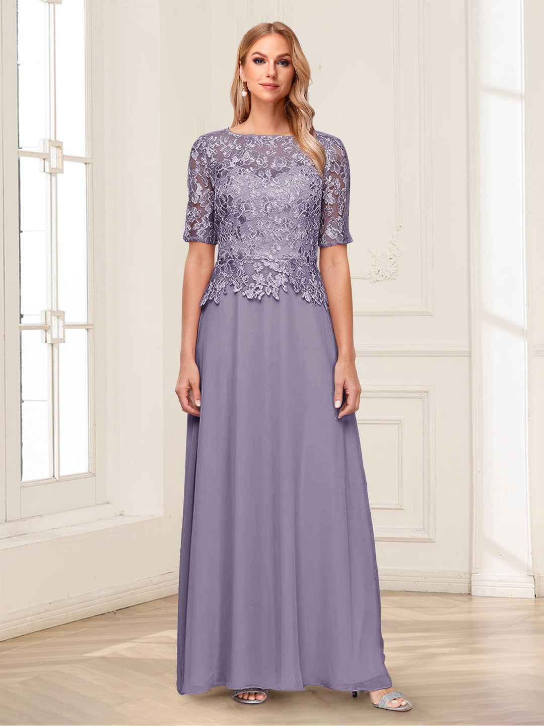 A-Line/Princess Scoop Half Sleeves Floor-Length Mother of the Bride Dresses with Applique &amp; Lace