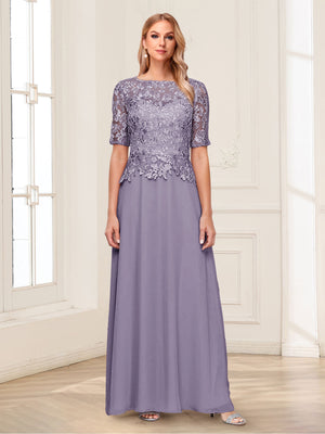 A-Line/Princess Scoop Half Sleeves Floor-Length Mother of the Bride Dresses with Applique & Lace