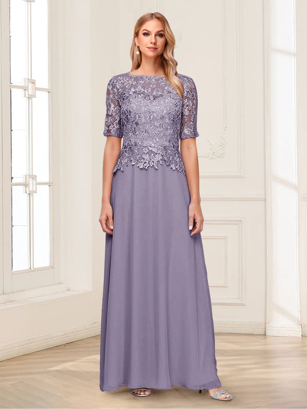 A-Line/Princess Scoop Half Sleeves Floor-Length Mother of the Bride Dresses with Applique & Lace