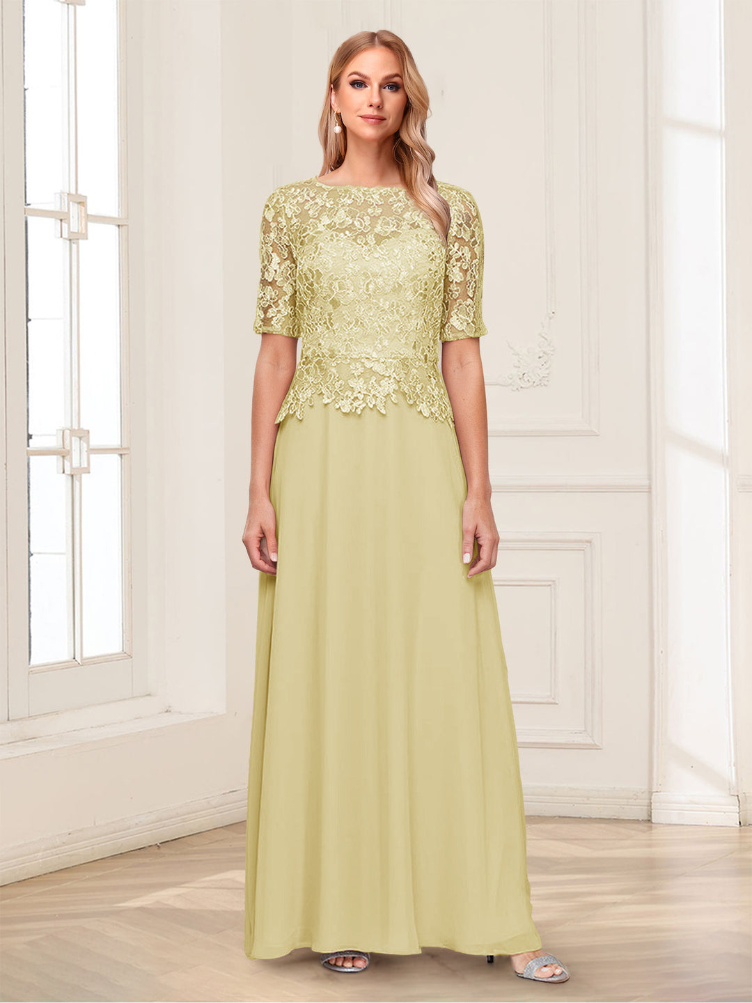 A-Line/Princess Scoop Half Sleeves Floor-Length Mother of the Bride Dresses with Applique &amp; Lace