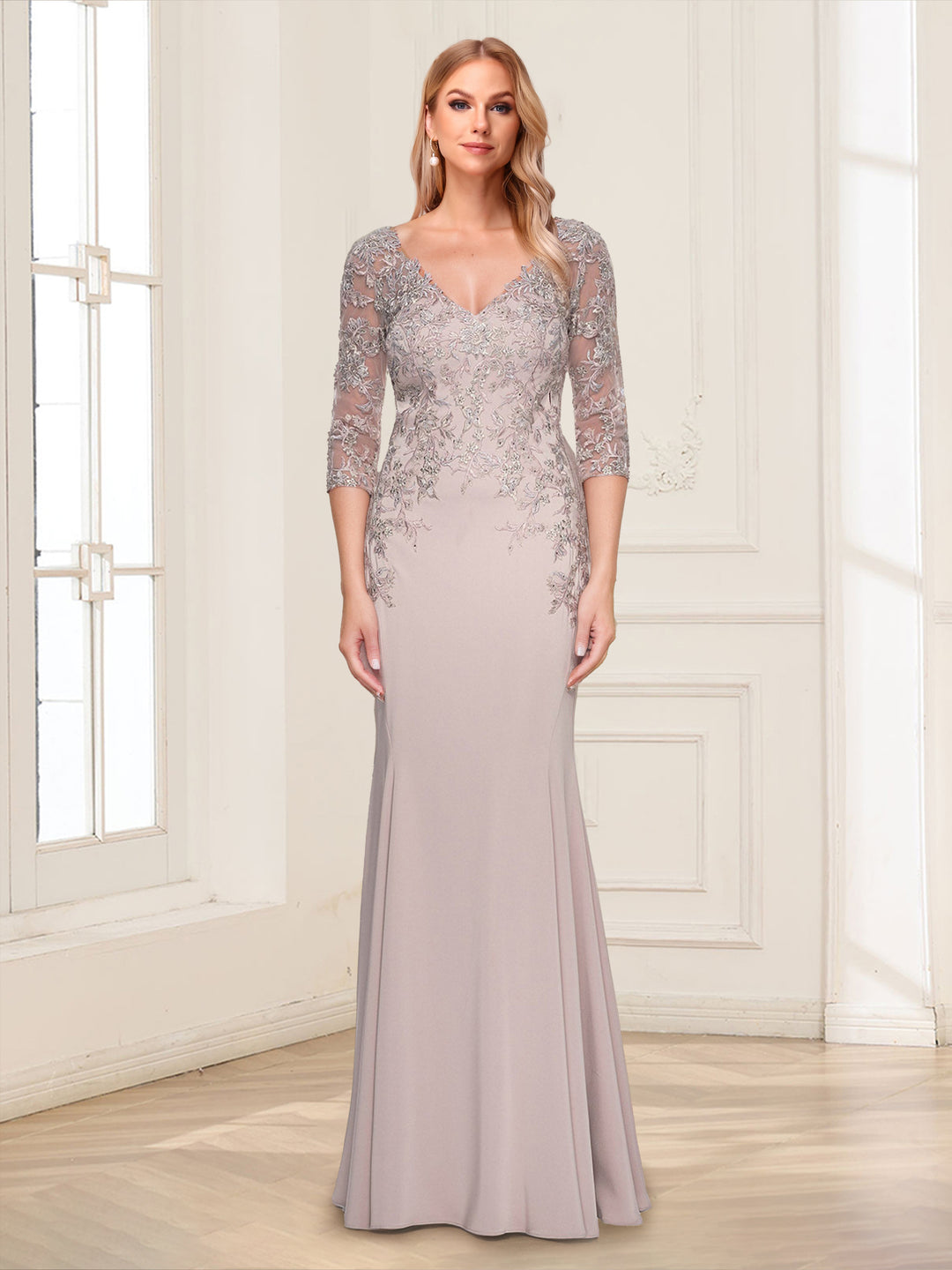 Sheath/Column V-Neck 3/4 Sleeves Floor-Length Mother of the Bride Dresses with Applique &amp; Lace
