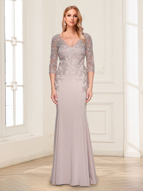 Sheath/Column V-Neck 3/4 Sleeves Floor-Length Mother of the Bride Dresses with Applique & Lace