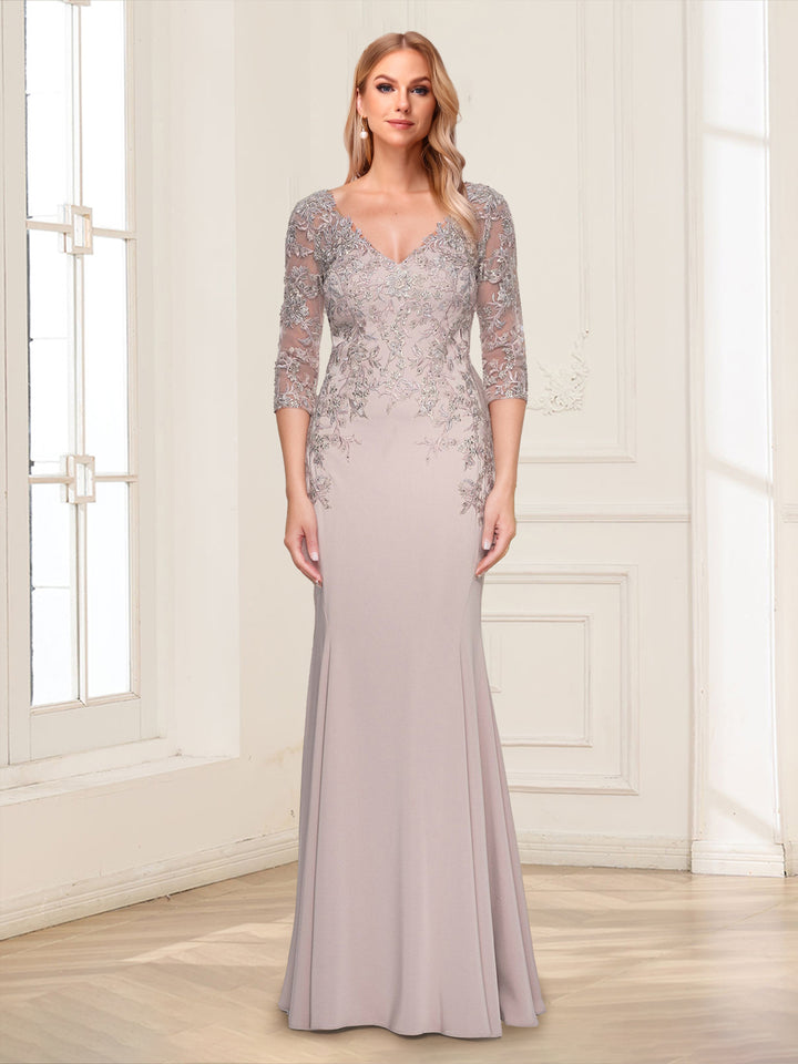 Sheath/Column V-Neck 3/4 Sleeves Floor-Length Mother of the Bride Dresses with Applique &amp; Lace