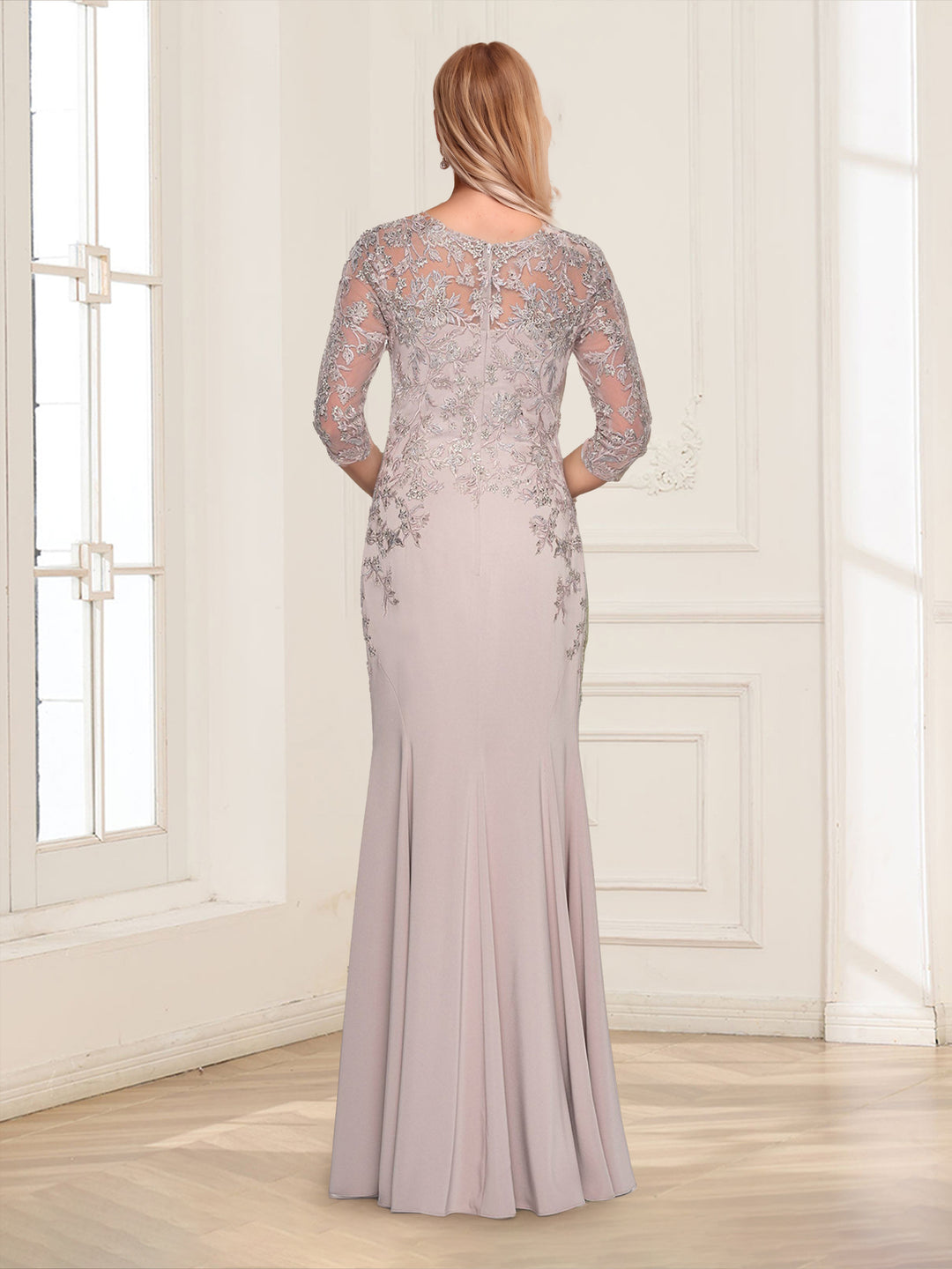 Sheath/Column V-Neck 3/4 Sleeves Floor-Length Mother of the Bride Dresses with Applique &amp; Lace