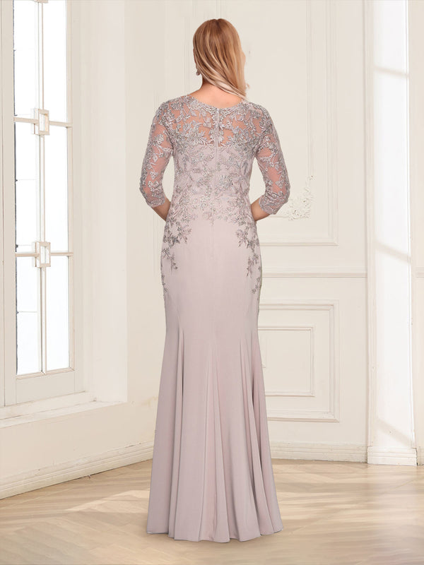 Sheath/Column V-Neck 3/4 Sleeves Floor-Length Mother of the Bride Dresses with Applique & Lace