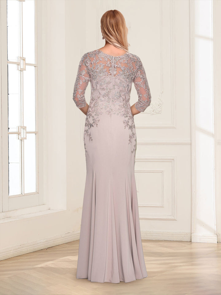 Sheath/Column V-Neck 3/4 Sleeves Floor-Length Mother of the Bride Dresses with Applique &amp; Lace
