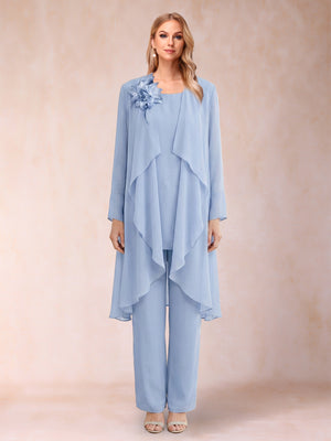 Jumpsuits Scoop Sleeveless Ankle-Length Three Pieces Mother of the Bride Dresses with Jacket & 3D Flower