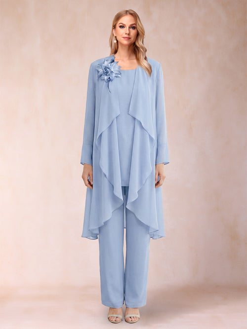 Jumpsuits Scoop Sleeveless Ankle-Length Three Pieces Mother of the Bride Dresses with Jacket & 3D Flower