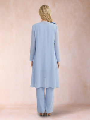 Jumpsuits Scoop Sleeveless Ankle-Length Three Pieces Mother of the Bride Dresses with Jacket & 3D Flower