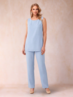 Jumpsuits Scoop Sleeveless Ankle-Length Three Pieces Mother of the Bride Dresses with Jacket & 3D Flower