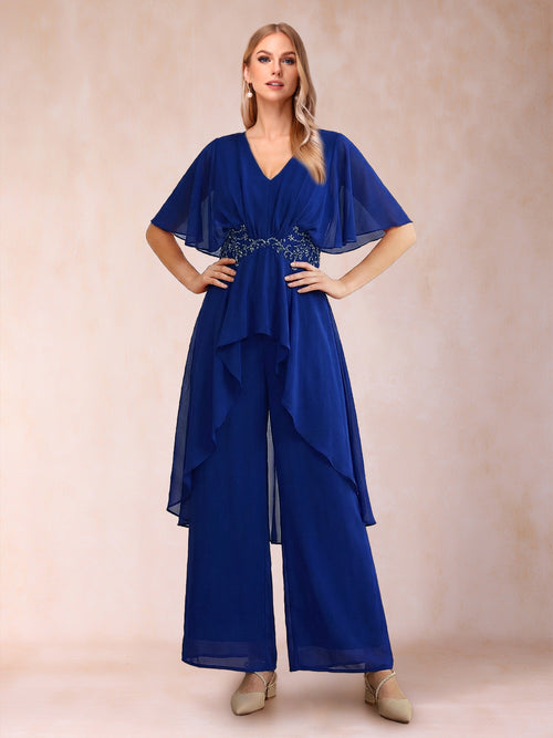 Jumpsuits V-Neck Short Sleeves Ankle-Length Mother of the Bride Dresses with Applique & Sash