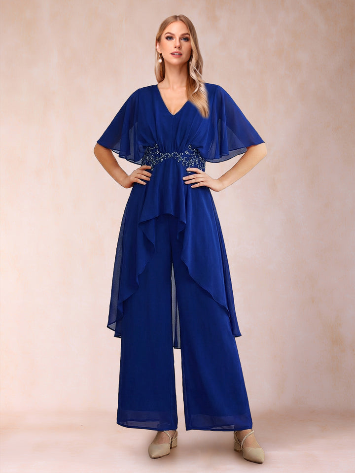 Jumpsuits V-Neck Short Sleeves Ankle-Length Mother of the Bride Dresses with Applique &amp; Sash
