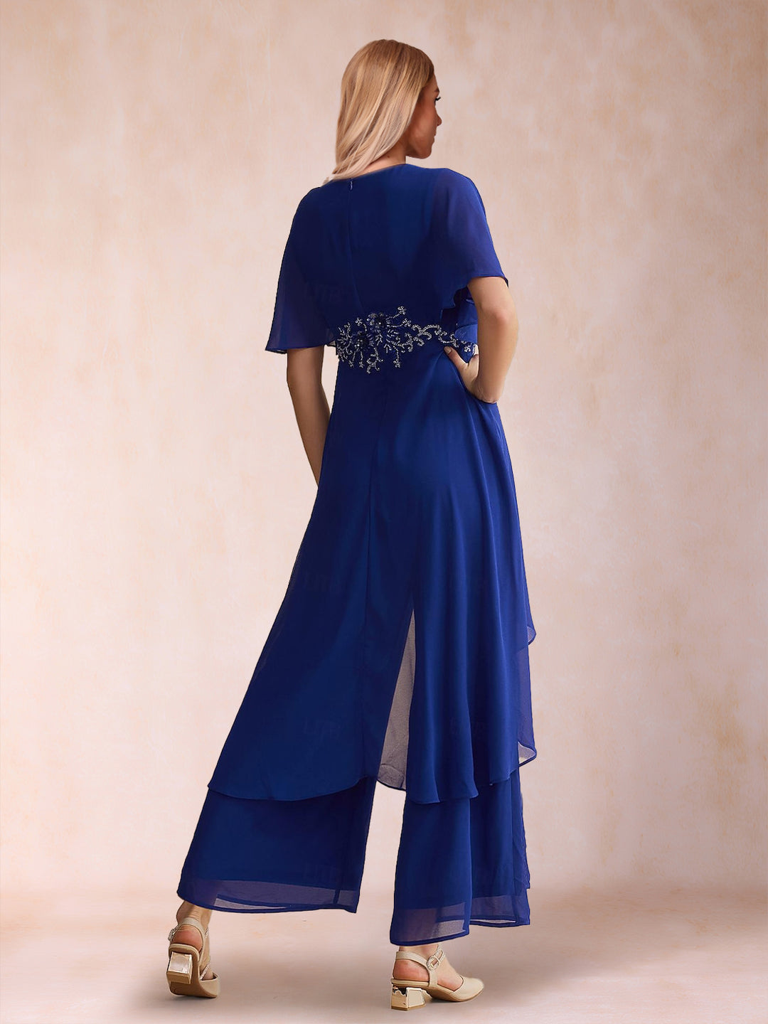 Jumpsuits V-Neck Short Sleeves Ankle-Length Mother of the Bride Dresses with Applique &amp; Sash