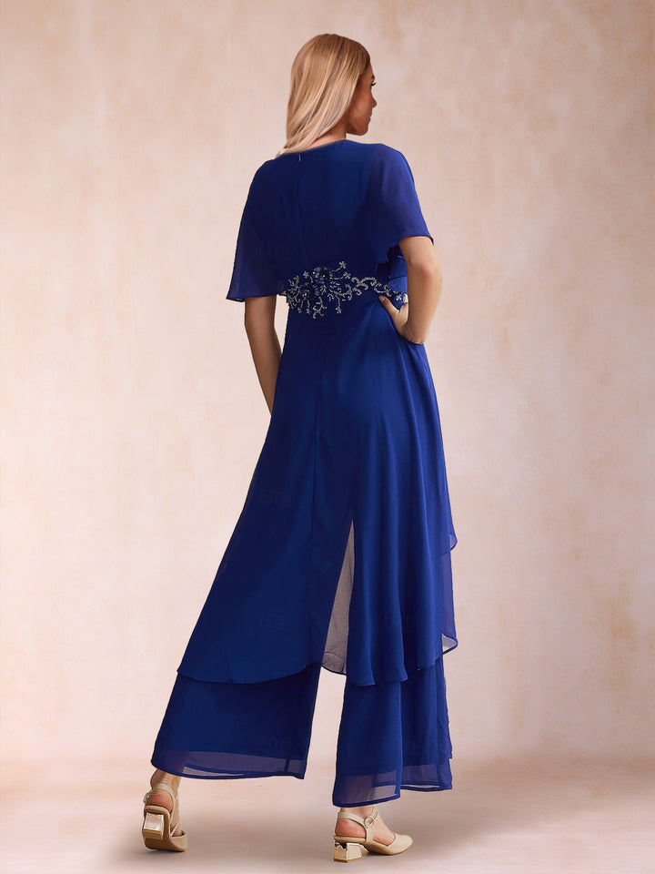Jumpsuits V-Neck Short Sleeves Ankle-Length Mother of the Bride Dresses with Applique &amp; Sash