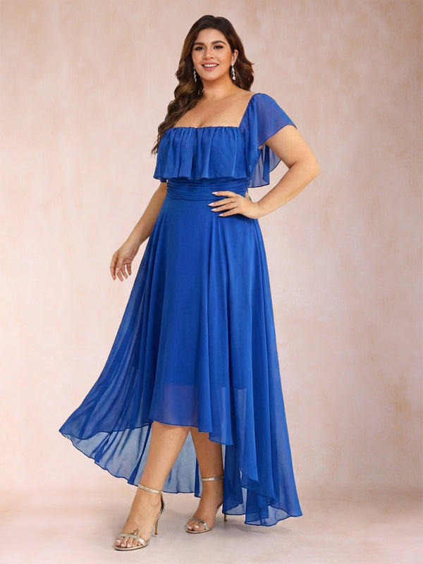 A-Line/Princess Square Neck Short Sleeves Ankle-Length Plus Size Mother of the Bride Dresses with Ruffles