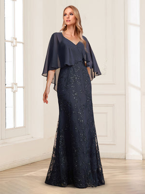 Sheath/Column V-Neck Half Sleeves Floor-Length Mother of the Bride Dresses with Applique & Lace