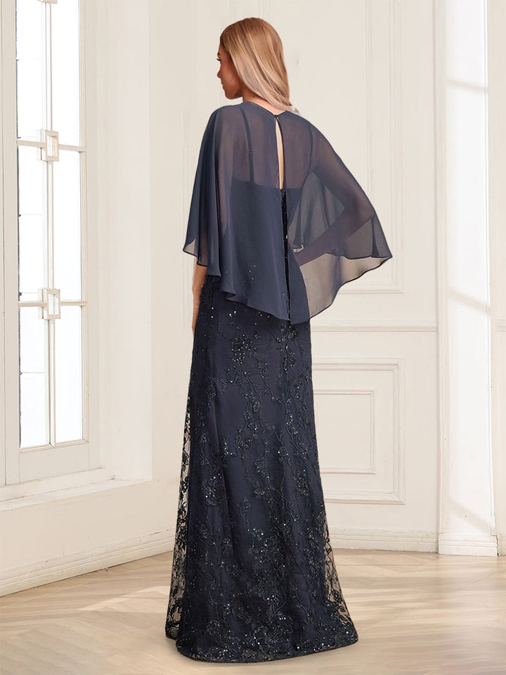 Sheath/Column V-Neck Half Sleeves Floor-Length Mother of the Bride Dresses with Applique &amp; Lace
