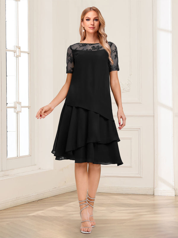 A-Line/Princess Scoop Short Sleeves Tea-Length Mother of the Bride Dresses with Applique