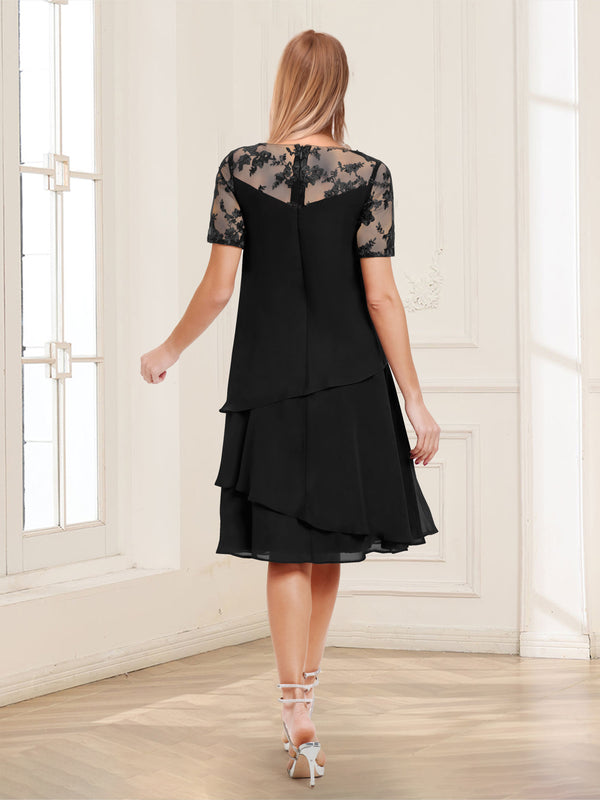 A-Line/Princess Scoop Short Sleeves Tea-Length Mother of the Bride Dresses with Applique