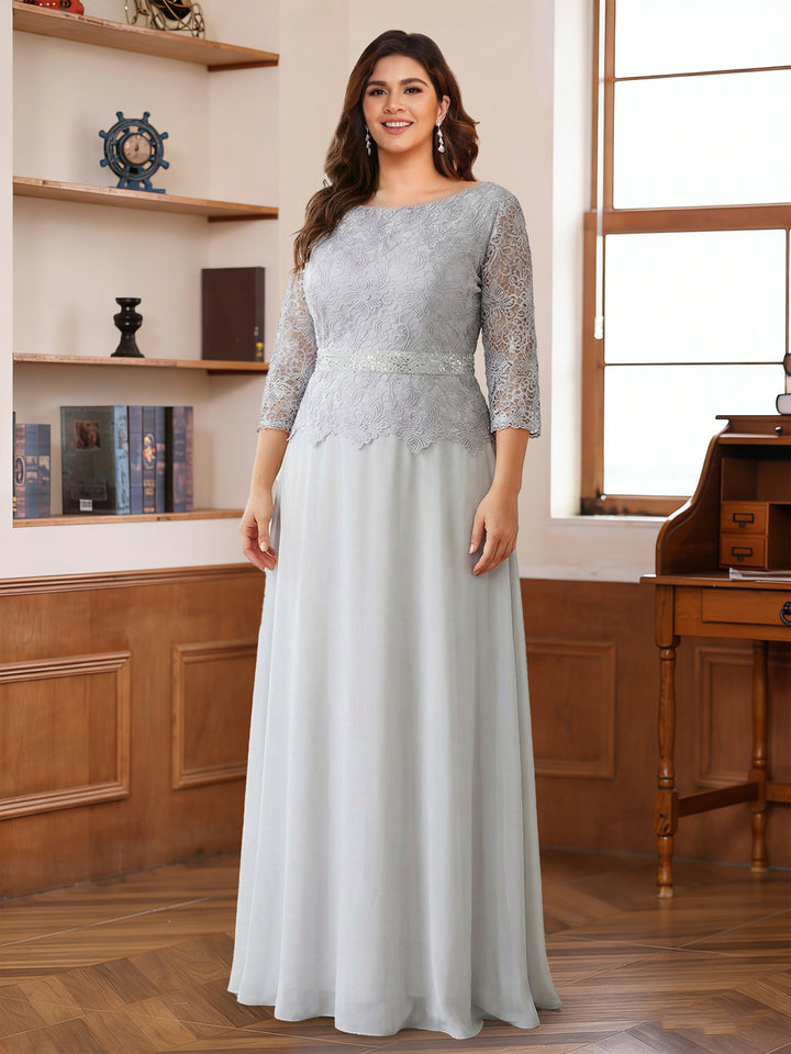 A-Line/Princess Scoop 3/4 Sleeves Floor-Length Plus Size Mother of the Bride Dresses with Lace &amp; Applique