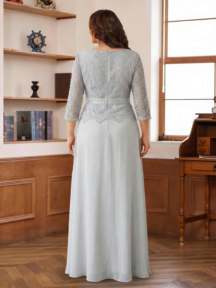 A-Line/Princess Scoop 3/4 Sleeves Floor-Length Plus Size Mother of the Bride Dresses with Lace &amp; Applique
