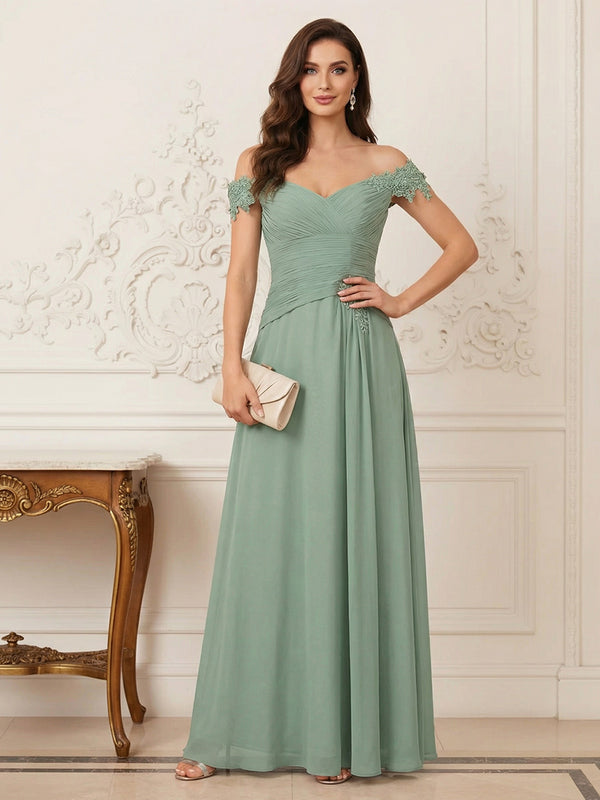 A-Line/Princess Off-the-Shoulder Short Sleeves Floor-Length Mother of the Bride Dresses with Applique