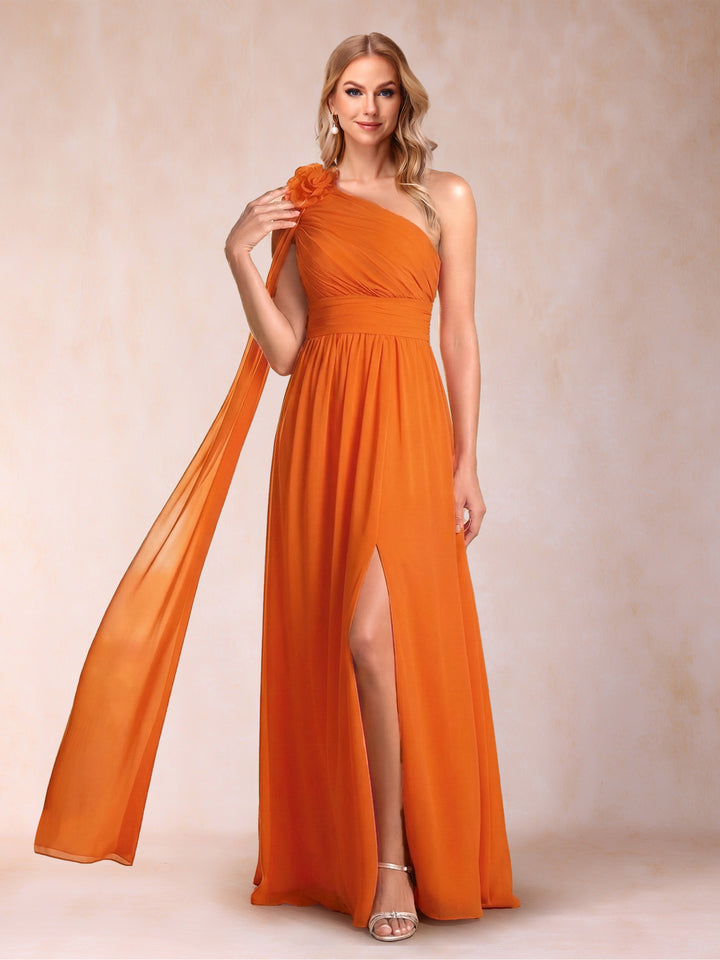 A-Line/Princess One-Shoulder Sleeveless Floor-Length Mother of the Bride Dresses with 3D Flower &amp; Split Side