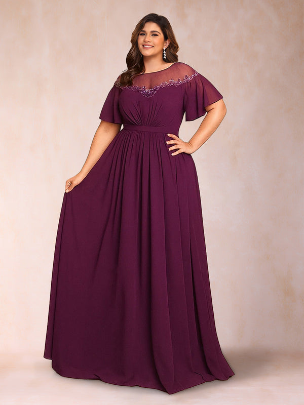A-Line/Princess Scoop Short Sleeves Floor-Length Plus Size Mother of the Bride Dresses with Applique