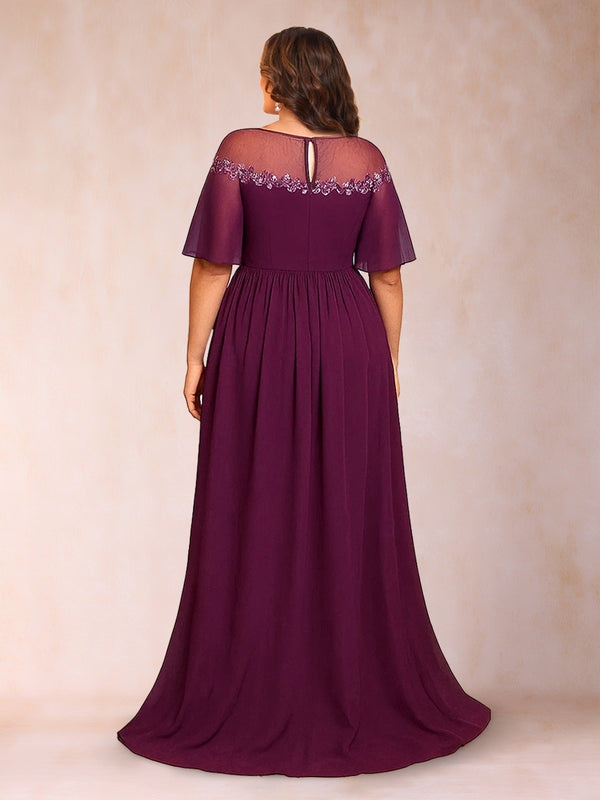 A-Line/Princess Scoop Short Sleeves Floor-Length Plus Size Mother of the Bride Dresses with Applique