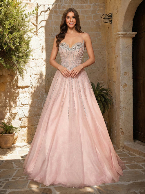 A-Line/Princess Sweetheart Strapless Basque Waist Floor-Length Prom Dresses With Rhinestone