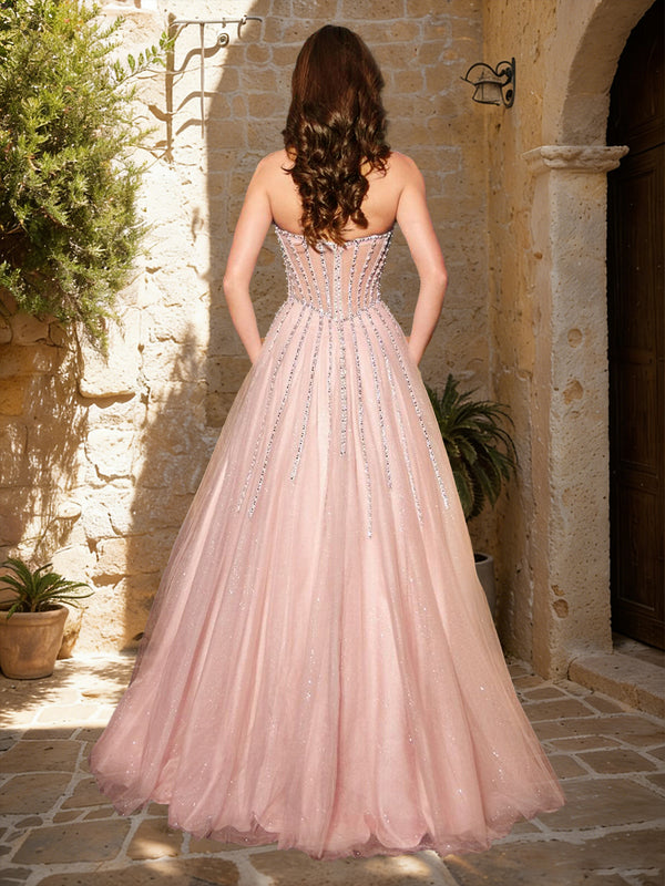 A-Line/Princess Sweetheart Strapless Basque Waist Floor-Length Prom Dresses With Rhinestone