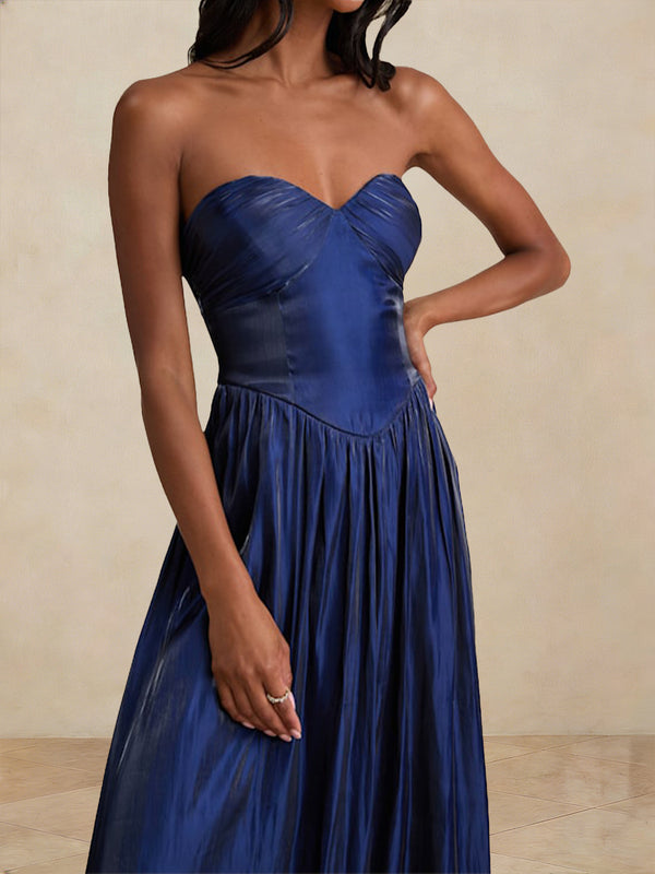 A-Line/Princess Sweetheart Strapless Basque Waist Floor-length Prom Dresses with Ruched