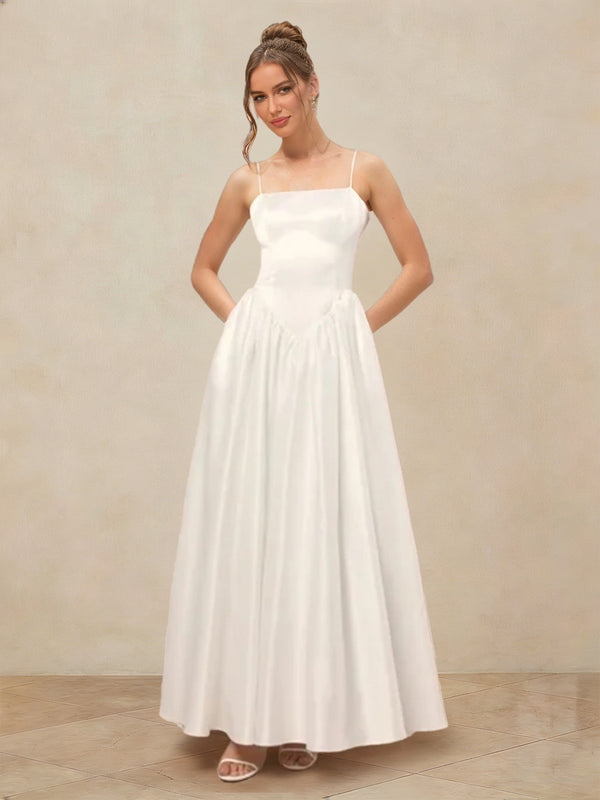 A-Line/Princess Spaghetti Straps Sleeveless Basque Waist Prom Dresses with Ruched