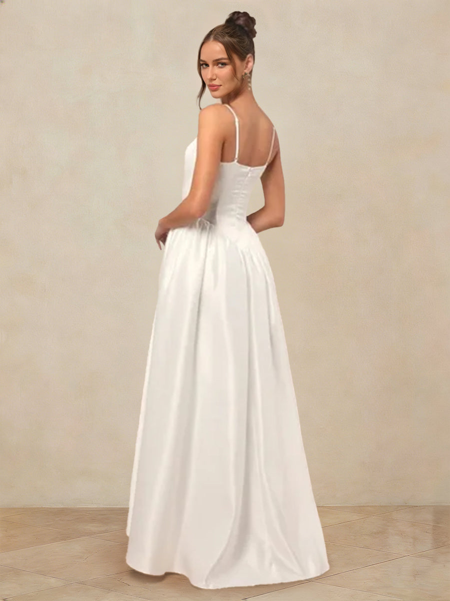 A-Line/Princess Spaghetti Straps Sleeveless Basque Waist Prom Dresses with Ruched