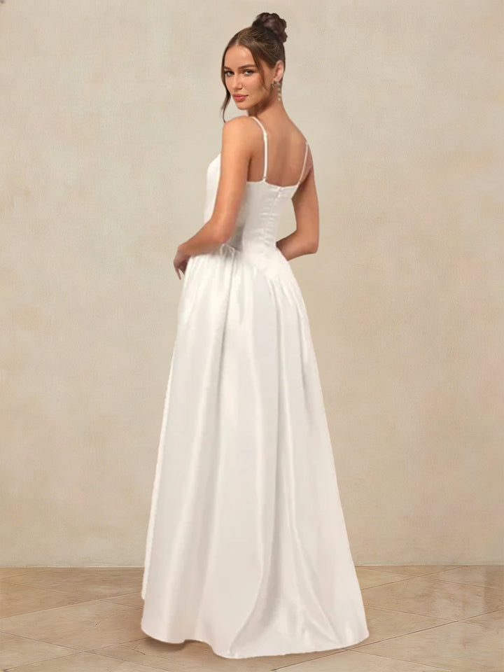 A-Line/Princess Spaghetti Straps Sleeveless Basque Waist Prom Dresses with Ruched