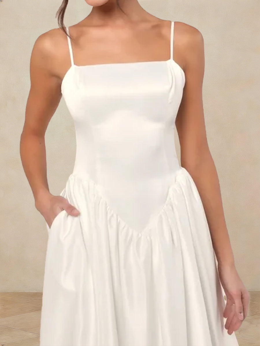 A-Line/Princess Spaghetti Straps Sleeveless Basque Waist Prom Dresses with Ruched