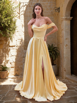 A-Line/Princess Off-the-Shoulder Short Sleeves Basque Waist Prom Dresses with Split Side