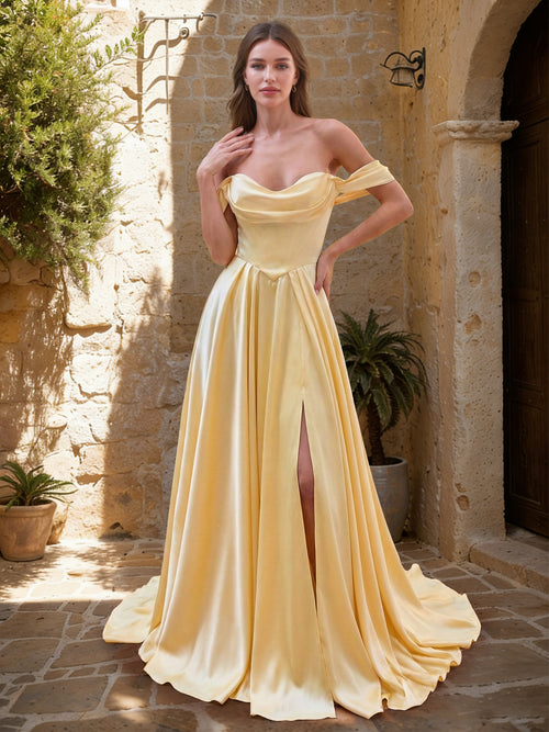 A-Line/Princess Off-the-Shoulder Short Sleeves Basque Waist Prom Dresses with Split Side