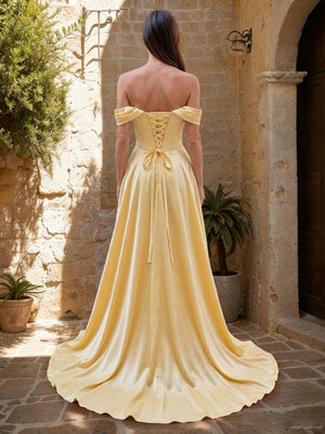 A-Line/Princess Off-the-Shoulder Short Sleeves Basque Waist Prom Dresses with Split Side