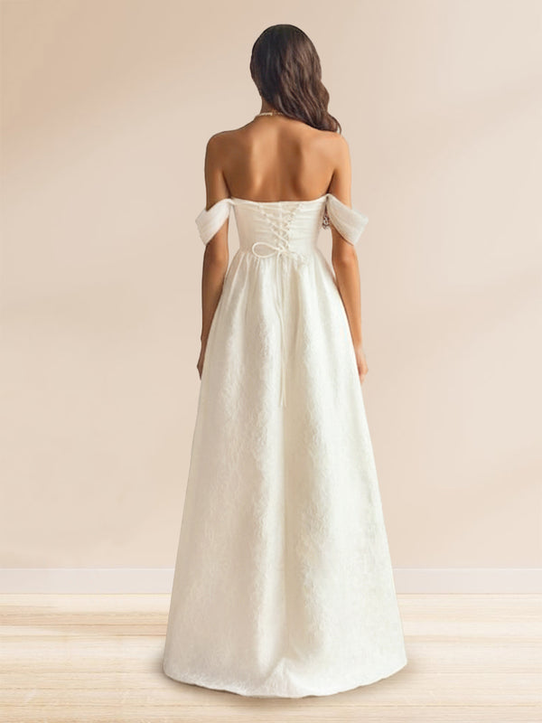 A-Line/Princess Off-the-Shoulder Short Sleeves Basque Waist Prom Dresses with Ruched