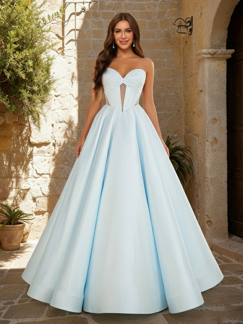 A-Line/Princess Sweetheart Strapless Basque Waist Prom Dresses with Beading