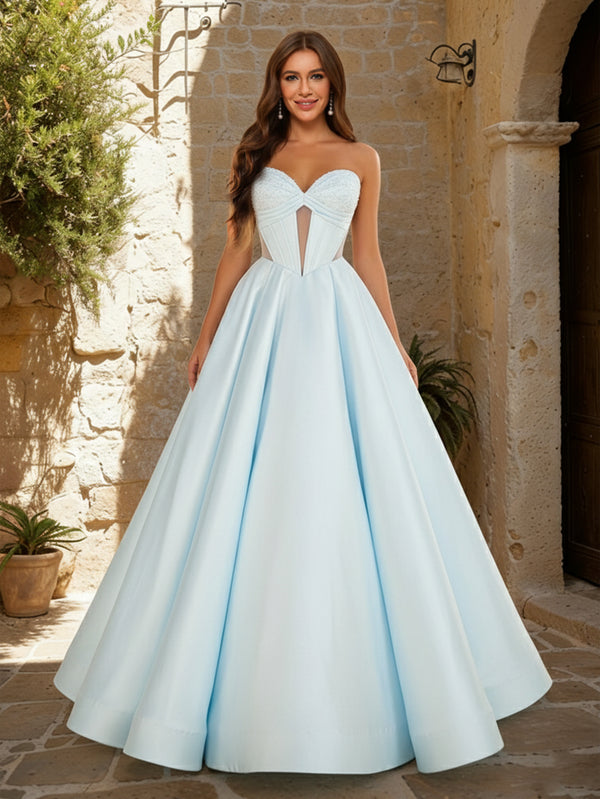 A-Line/Princess Sweetheart Strapless Basque Waist Prom Dresses with Beading