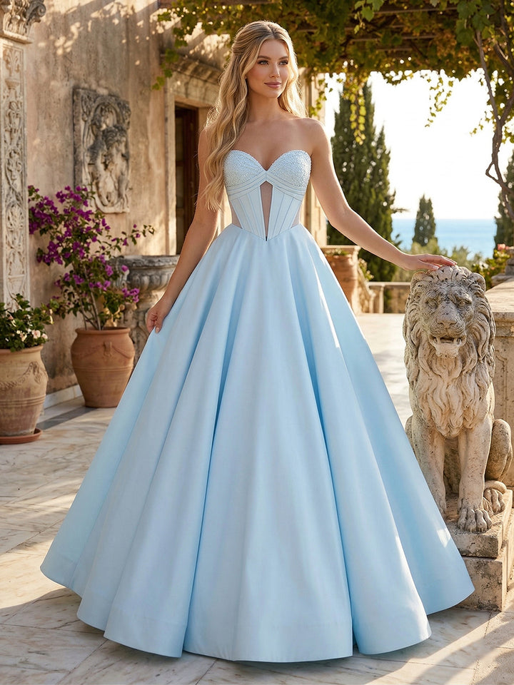 A-Line/Princess Sweetheart Strapless Basque Waist Prom Dresses with Beading