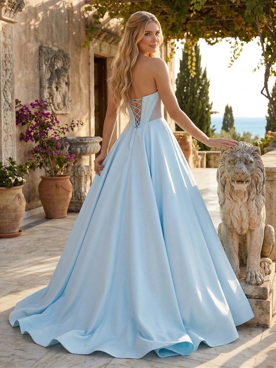 A-Line/Princess Sweetheart Strapless Basque Waist Prom Dresses with Beading