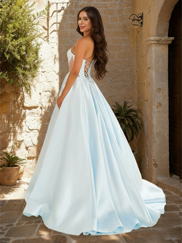 A-Line/Princess Sweetheart Strapless Basque Waist Prom Dresses with Beading