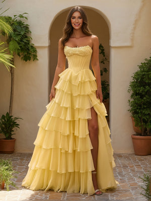 A-Line/Princess Sweetheart Ruffle Tiered Basque Waist Prom Dresses with Split Side